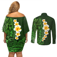 Green Polynesia Couples Matching Off Shoulder Short Dress and Long Sleeve Button Shirt Plumeria Tropical Leaves With Galaxy Polynesian Art LT14 - Polynesian Pride