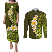 Lime Green Tropical Plumeria With Galaxy Polynesian Art Couples Matching Puletasi Dress and Long Sleeve Button Shirt LT14 Lime Green - Polynesian Pride