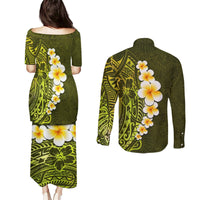 Lime Green Tropical Plumeria With Galaxy Polynesian Art Couples Matching Puletasi Dress and Long Sleeve Button Shirt LT14 - Polynesian Pride