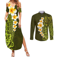Lime Green Tropical Plumeria With Galaxy Polynesian Art Couples Matching Summer Maxi Dress and Long Sleeve Button Shirt LT14 Lime Green - Polynesian Pride
