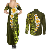 Lime Green Tropical Plumeria With Galaxy Polynesian Art Couples Matching Summer Maxi Dress and Long Sleeve Button Shirt LT14 - Polynesian Pride