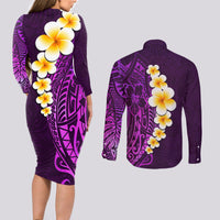 Purple Tropical Plumeria With Galaxy Polynesian Art Couples Matching Long Sleeve Bodycon Dress and Long Sleeve Button Shirt LT14 - Polynesian Pride