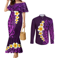 Purple Tropical Plumeria With Galaxy Polynesian Art Couples Matching Mermaid Dress and Long Sleeve Button Shirt LT14 Purple - Polynesian Pride