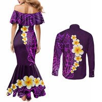 Purple Tropical Plumeria With Galaxy Polynesian Art Couples Matching Mermaid Dress and Long Sleeve Button Shirt LT14 - Polynesian Pride