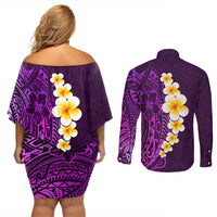Purple Tropical Plumeria With Galaxy Polynesian Art Couples Matching Off Shoulder Short Dress and Long Sleeve Button Shirt LT14 - Polynesian Pride