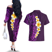 Purple Tropical Plumeria With Galaxy Polynesian Art Couples Matching Off The Shoulder Long Sleeve Dress and Hawaiian Shirt LT14 - Polynesian Pride