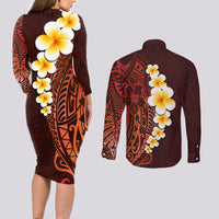 Red Tropical Plumeria With Galaxy Polynesian Art Couples Matching Long Sleeve Bodycon Dress and Long Sleeve Button Shirt LT14 - Polynesian Pride