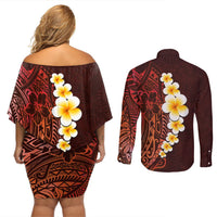 Red Tropical Plumeria With Galaxy Polynesian Art Couples Matching Off Shoulder Short Dress and Long Sleeve Button Shirt LT14 - Polynesian Pride