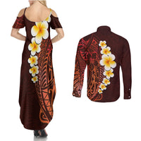 Red Tropical Plumeria With Galaxy Polynesian Art Couples Matching Summer Maxi Dress and Long Sleeve Button Shirt LT14 - Polynesian Pride