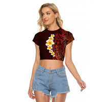 Red Tropical Plumeria With Galaxy Polynesian Art Raglan Cropped T Shirt LT14 Female Red - Polynesian Pride