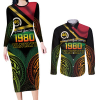 Vanuatu 1980 Couples Matching Long Sleeve Bodycon Dress and Long Sleeve Button Shirt Hapi 46 Yia Indipendens Anivesari LT14 Black - Polynesian Pride