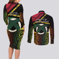 Vanuatu 1980 Couples Matching Long Sleeve Bodycon Dress and Long Sleeve Button Shirt Hapi 46 Yia Indipendens Anivesari LT14 - Polynesian Pride