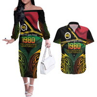 Vanuatu 1980 Couples Matching Off The Shoulder Long Sleeve Dress and Hawaiian Shirt Hapi 46 Yia Indipendens Anivesari LT14 Black - Polynesian Pride