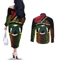 Vanuatu 1980 Couples Matching Off The Shoulder Long Sleeve Dress and Long Sleeve Button Shirt Hapi 46 Yia Indipendens Anivesari LT14 - Polynesian Pride