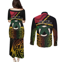 Vanuatu 1980 Couples Matching Puletasi and Long Sleeve Button Shirt Hapi 46 Yia Indipendens Anivesari LT14 - Polynesian Pride