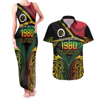 Vanuatu 1980 Couples Matching Tank Maxi Dress and Hawaiian Shirt Hapi 46 Yia Indipendens Anivesari LT14 Black - Polynesian Pride