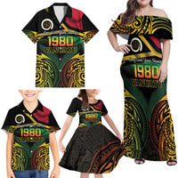Vanuatu 1980 Family Matching Off Shoulder Maxi Dress and Hawaiian Shirt Hapi 46 Yia Indipendens Anivesari LT14 - Polynesian Pride