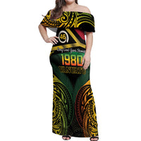 Vanuatu 1980 Off Shoulder Maxi Dress Hapi 46 Yia Indipendens Anivesari LT14 Women Black - Polynesian Pride