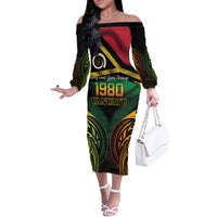 Vanuatu 1980 Off The Shoulder Long Sleeve Dress Hapi 46 Yia Indipendens Anivesari LT14 Women Black - Polynesian Pride