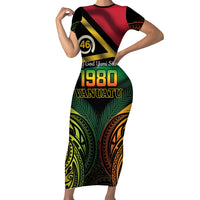 Vanuatu 1980 Short Sleeve Bodycon Dress Hapi 46 Yia Indipendens Anivesari LT14 Long Dress Black - Polynesian Pride