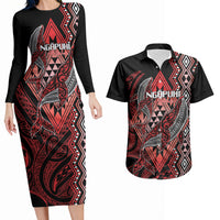 Aotearoa Iwi Ngapuhi Personalised Couples Matching Long Sleeve Bodycon Dress and Hawaiian Shirt NZ Maori Humpback Whale Taniko Motifs LT14 Red - Polynesian Pride
