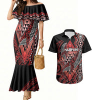 Aotearoa Iwi Ngapuhi Personalised Couples Matching Mermaid Dress and Hawaiian Shirt NZ Maori Humpback Whale Taniko Motifs LT14 Red - Polynesian Pride