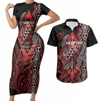 Aotearoa Iwi Ngapuhi Personalised Couples Matching Short Sleeve Bodycon Dress and Hawaiian Shirt NZ Maori Humpback Whale Taniko Motifs LT14 Red - Polynesian Pride