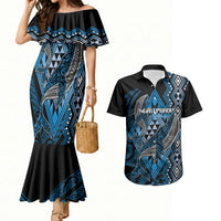 Aotearoa Iwi Ngati Porou Personalised Couples Matching Mermaid Dress and Hawaiian Shirt NZ Maori Humpback Whale Taniko Motifs LT14 Blue - Polynesian Pride