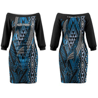 Aotearoa Iwi Ngati Porou Personalised Couples Matching Off The Shoulder Long Sleeve Dress and Hawaiian Shirt NZ Maori Humpback Whale Taniko Motifs LT14 - Polynesian Pride