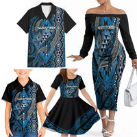 Aotearoa Iwi Ngati Porou Personalised Family Matching Off The Shoulder Long Sleeve Dress and Hawaiian Shirt NZ Maori Humpback Whale Taniko Motifs LT14 - Polynesian Pride