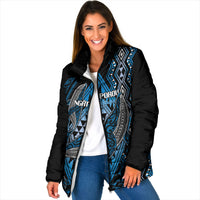 Aotearoa Iwi Ngati Porou Personalised Padded Jacket NZ Maori Humpback Whale Taniko Motifs LT14 Women Blue - Polynesian Pride