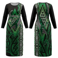 Aotearoa Iwi Ngai Tahu Personalised Family Matching Long Sleeve Bodycon Dress and Hawaiian Shirt NZ Maori Humpback Whale Taniko Motifs LT14 Mom's Dress Green - Polynesian Pride