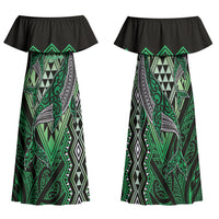 Aotearoa Iwi Ngai Tahu Personalised Family Matching Off Shoulder Maxi Dress and Hawaiian Shirt NZ Maori Humpback Whale Taniko Motifs LT14 Mom's Dress Green - Polynesian Pride