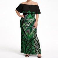 Aotearoa Iwi Ngai Tahu Personalised Off Shoulder Maxi Dress NZ Maori Humpback Whale Taniko Motifs LT14 Women Green - Polynesian Pride