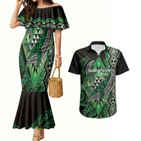 Aotearoa Iwi Ngati Pikiao Personalised Couples Matching Mermaid Dress and Hawaiian Shirt NZ Maori Humpback Whale Taniko Motifs LT14 Green - Polynesian Pride