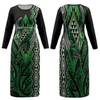 Aotearoa Iwi Ngati Pikiao Personalised Family Matching Long Sleeve Bodycon Dress and Hawaiian Shirt NZ Maori Humpback Whale Taniko Motifs LT14 Mom's Dress Green - Polynesian Pride