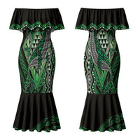 Aotearoa Iwi Ngati Pikiao Personalised Family Matching Mermaid Dress and Hawaiian Shirt NZ Maori Humpback Whale Taniko Motifs LT14 Mom's Dress Green - Polynesian Pride