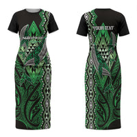Aotearoa Iwi Ngati Pikiao Personalised Family Matching Short Sleeve Bodycon Dress and Hawaiian Shirt NZ Maori Humpback Whale Taniko Motifs LT14 Mom's Dress Green - Polynesian Pride