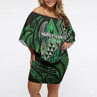 Aotearoa Iwi Ngati Pikiao Personalised Off Shoulder Short Dress NZ Maori Humpback Whale Taniko Motifs LT14 Women Green - Polynesian Pride
