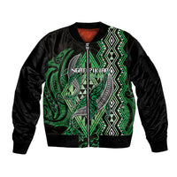 Aotearoa Iwi Ngati Pikiao Personalised Sleeve Zip Bomber Jacket NZ Maori Humpback Whale Taniko Motifs LT14 Unisex Green - Polynesian Pride