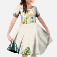 New Zealand Cacatua Galerita Family Matching Off Shoulder Maxi Dress and Hawaiian Shirt Aotearoa Cockatoo Tropical Flowers LT14 Daughter's Dress Beige - Polynesian Pride