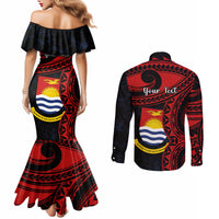 Personalised Kiribati Human Rights Day Couples Matching Mermaid Dress and Long Sleeve Button Shirt Coat Of Arms With Polynesian Tropical Flowers LT14 - Polynesian Pride