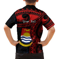 Personalised Kiribati Human Rights Day Family Matching Off Shoulder Long Sleeve Dress and Hawaiian Shirt Coat Of Arms With Polynesian Tropical Flowers LT14 - Polynesian Pride