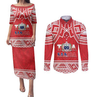 Samoa Rugby Custom Couples Matching Puletasi and Long Sleeve Button Shirt Toa Samoa Pacific Sporty Red LT14 Red - Polynesian Pride