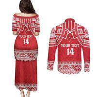Samoa Rugby Custom Couples Matching Puletasi and Long Sleeve Button Shirt Toa Samoa Pacific Sporty Red LT14 - Polynesian Pride