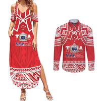 Samoa Rugby Custom Couples Matching Summer Maxi Dress and Long Sleeve Button Shirt Toa Samoa Pacific Sporty Red LT14 Red - Polynesian Pride