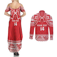 Samoa Rugby Custom Couples Matching Summer Maxi Dress and Long Sleeve Button Shirt Toa Samoa Pacific Sporty Red LT14 - Polynesian Pride