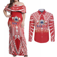 Toa Samoa Rugby Custom Couples Matching Off Shoulder Maxi Dress and Long Sleeve Button Shirt Samoa mo Samoa Polynesian Pacific Red - Polynesian Pride