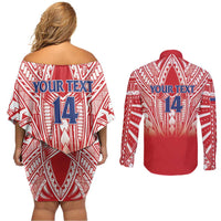 Toa Samoa Rugby Custom Couples Matching Off Shoulder Short Dress and Long Sleeve Button Shirt Samoa mo Samoa Polynesian Pacific Red - Polynesian Pride