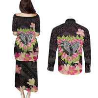 Polynesia Valentine's Day Couples Matching Puletasi and Long Sleeve Button Shirt Hammerhead Shark Plumeria With Polynesian Pattern LT14 - Polynesian Pride